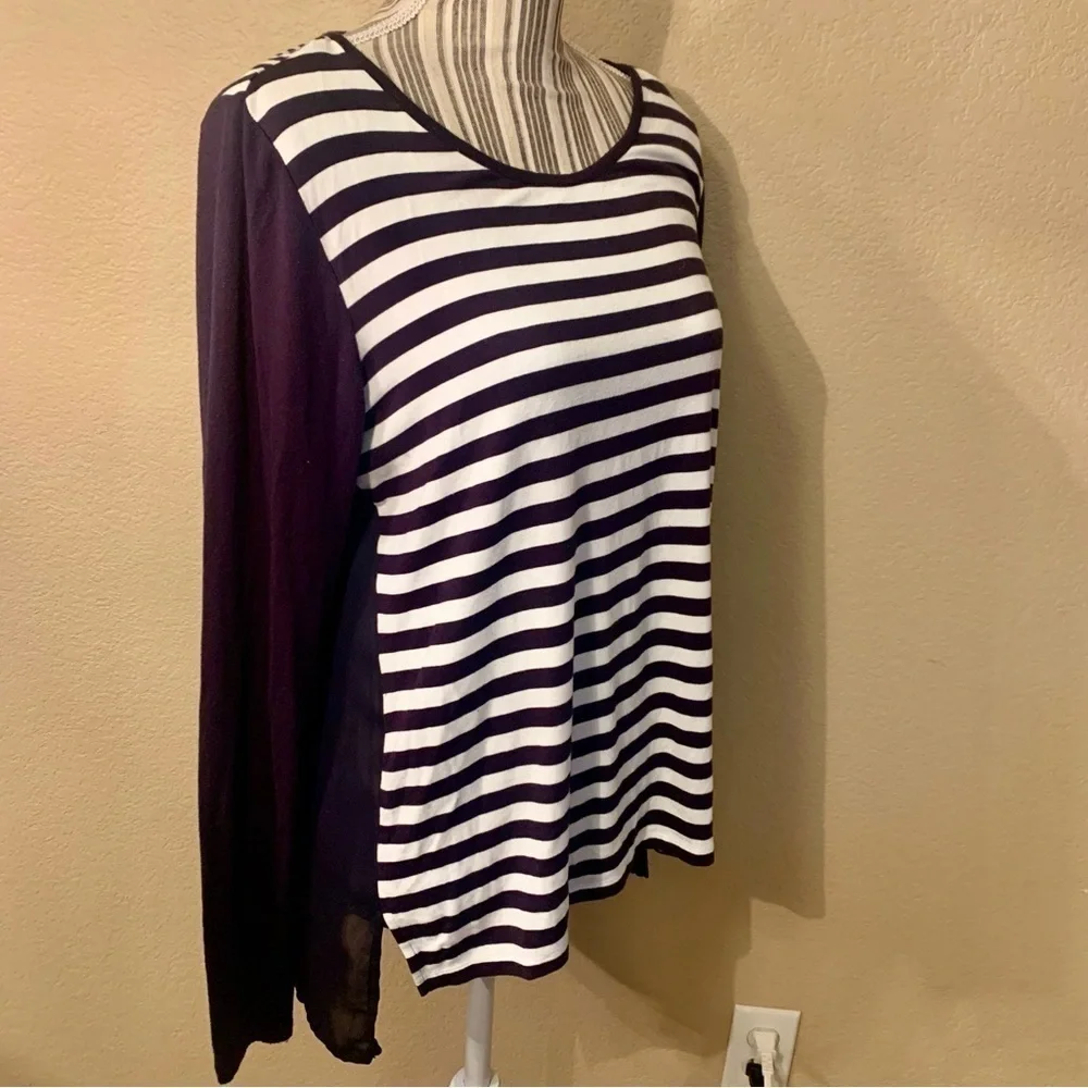 MK Michael Kors Tunic Top Small Navy Blue White Striped Front Sheer Back